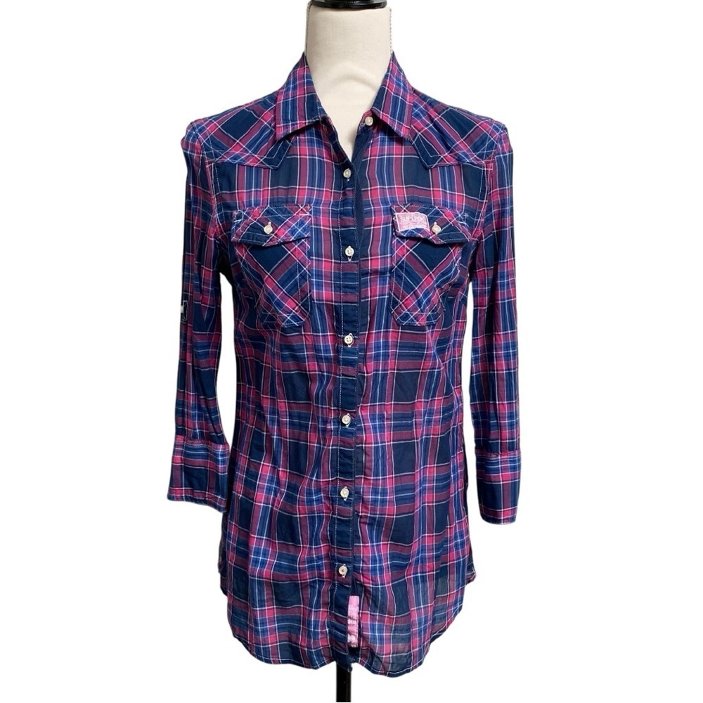 Superdry Plaid Western Shirt Women M Pink Navy Cotton Roll Tab Button Down